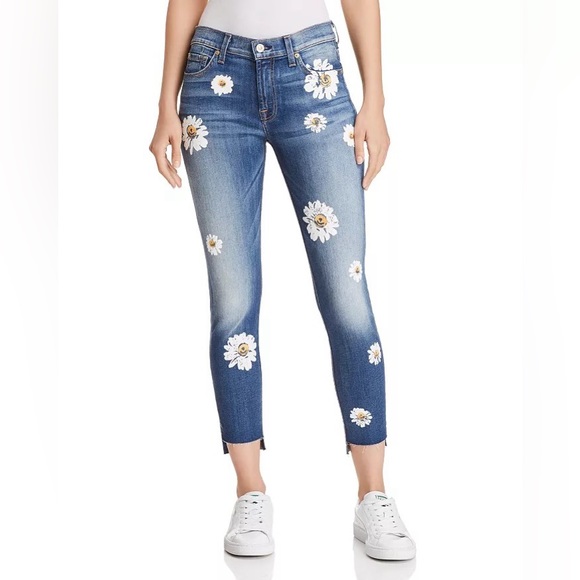 NWOT 7 For All Mankind Ankle Skinny Jeans in Distressed with Daisies, size 26 - Picture 2 of 16